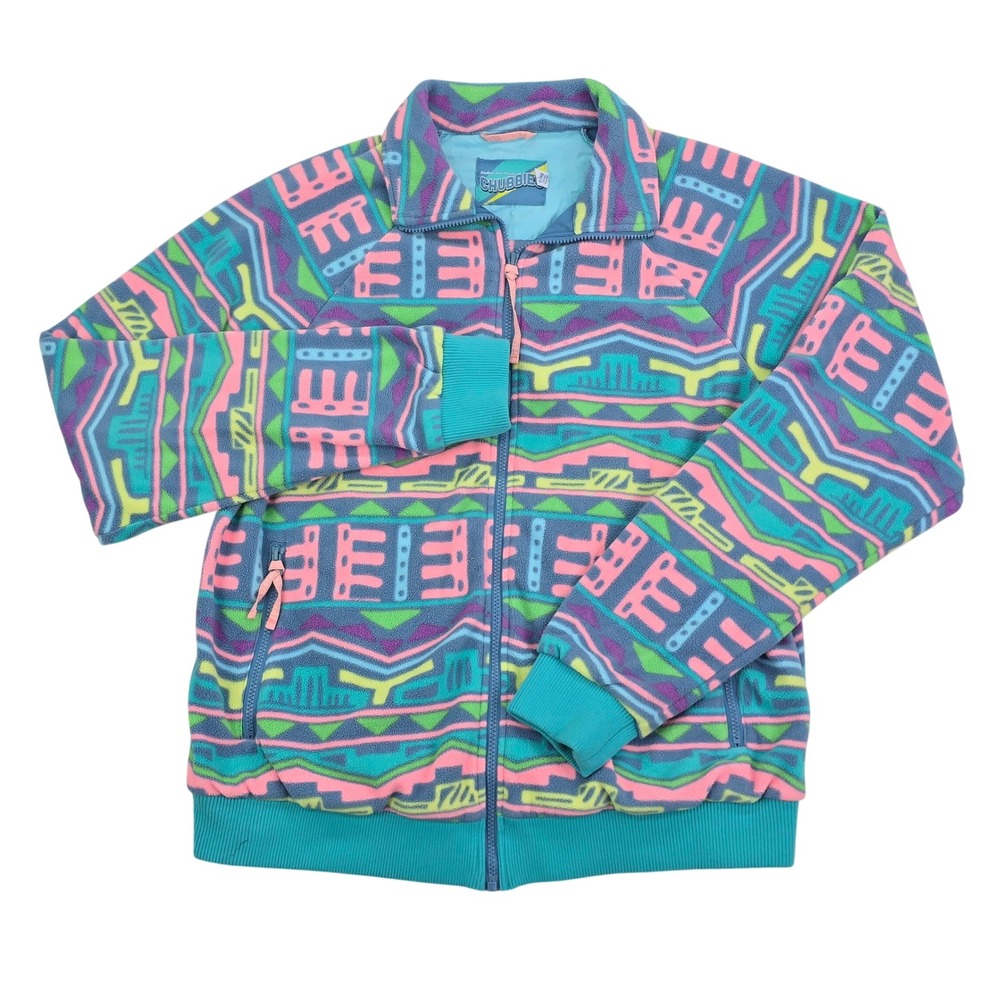 Chubbies Geometric Tribal Fleece Jacket Womens XL Teal Pink Retro Full Zip Soft